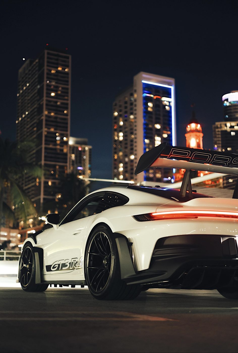Exotic sports car in Miami at night