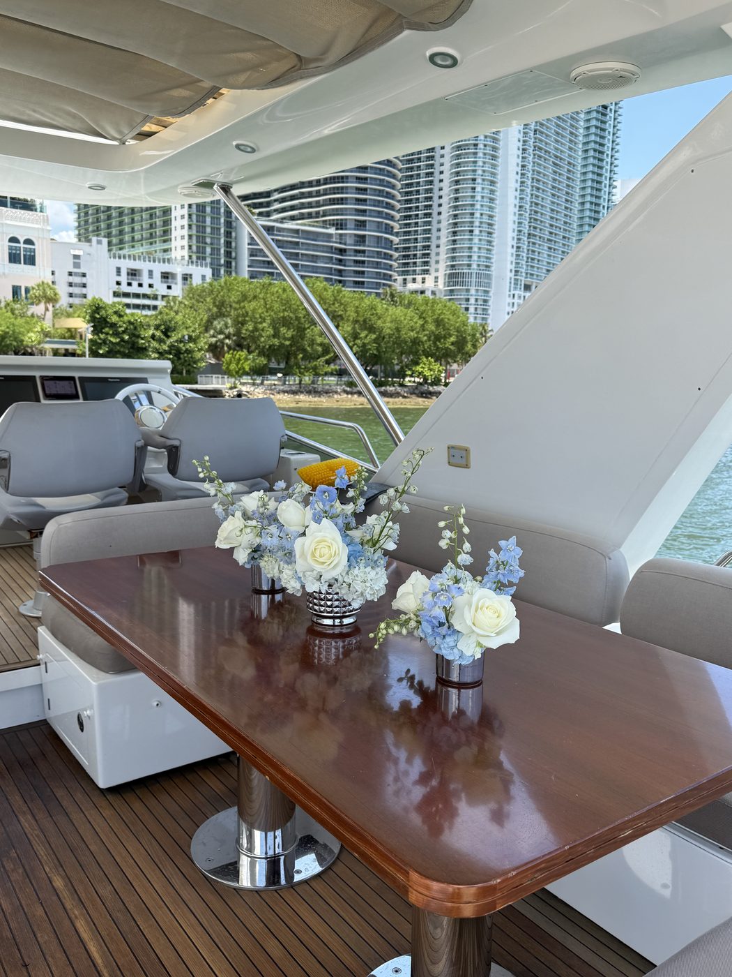 Fresh floral arrangements on a yacht deck in Miami