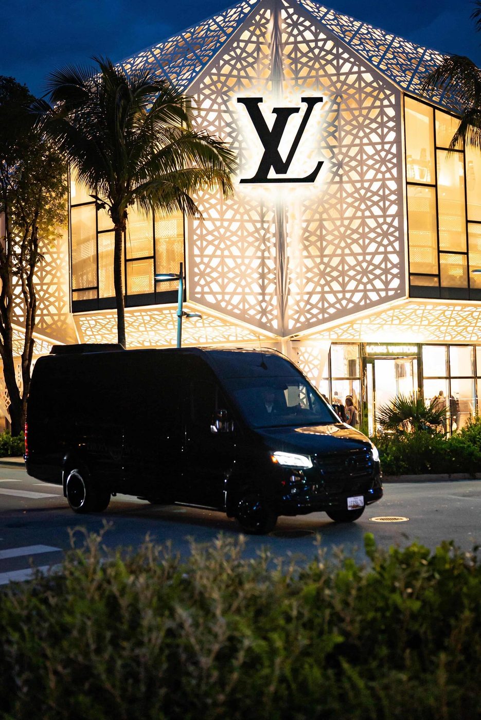 Black luxury Sprinter van in Miami Design District