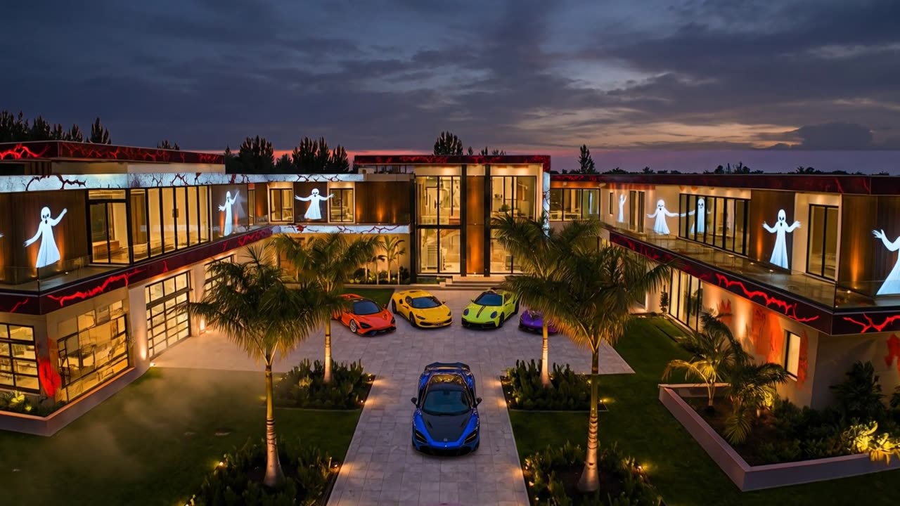 Projection mapping on a modern Miami estate at dusk